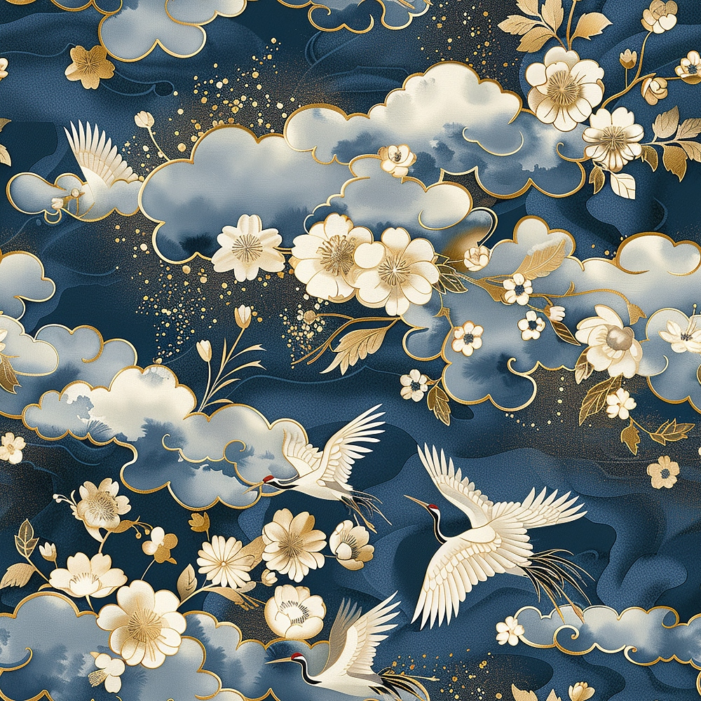 japanese cranes, navy blue, gold accents, cream white, cherry blossoms, sakura flowers, clouds, flying birds, asian inspired, elegant pattern,, fabric panel, floral motifs, nature scene, serene mood, spring theme, decorative birds, oriental design, peaceful atmosphere