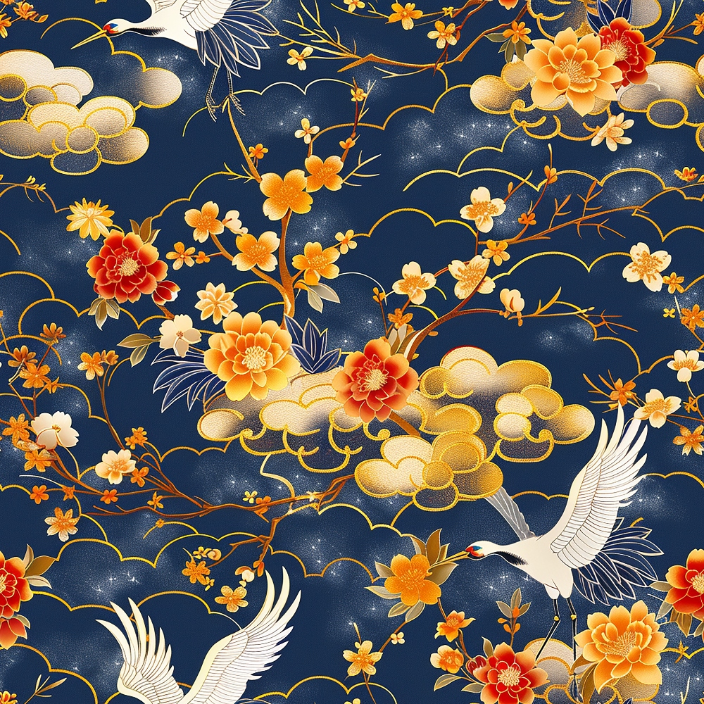 navy blue, deep blue, orange flowers, red flowers, golden clouds, white cranes, flying birds, cherry blossoms, floral branches, japanese style, asian motif, ornate pattern,, fabric panel, celestial design, elegant birds, peony flowers, cloud formations, intricate details, sophisticated palette