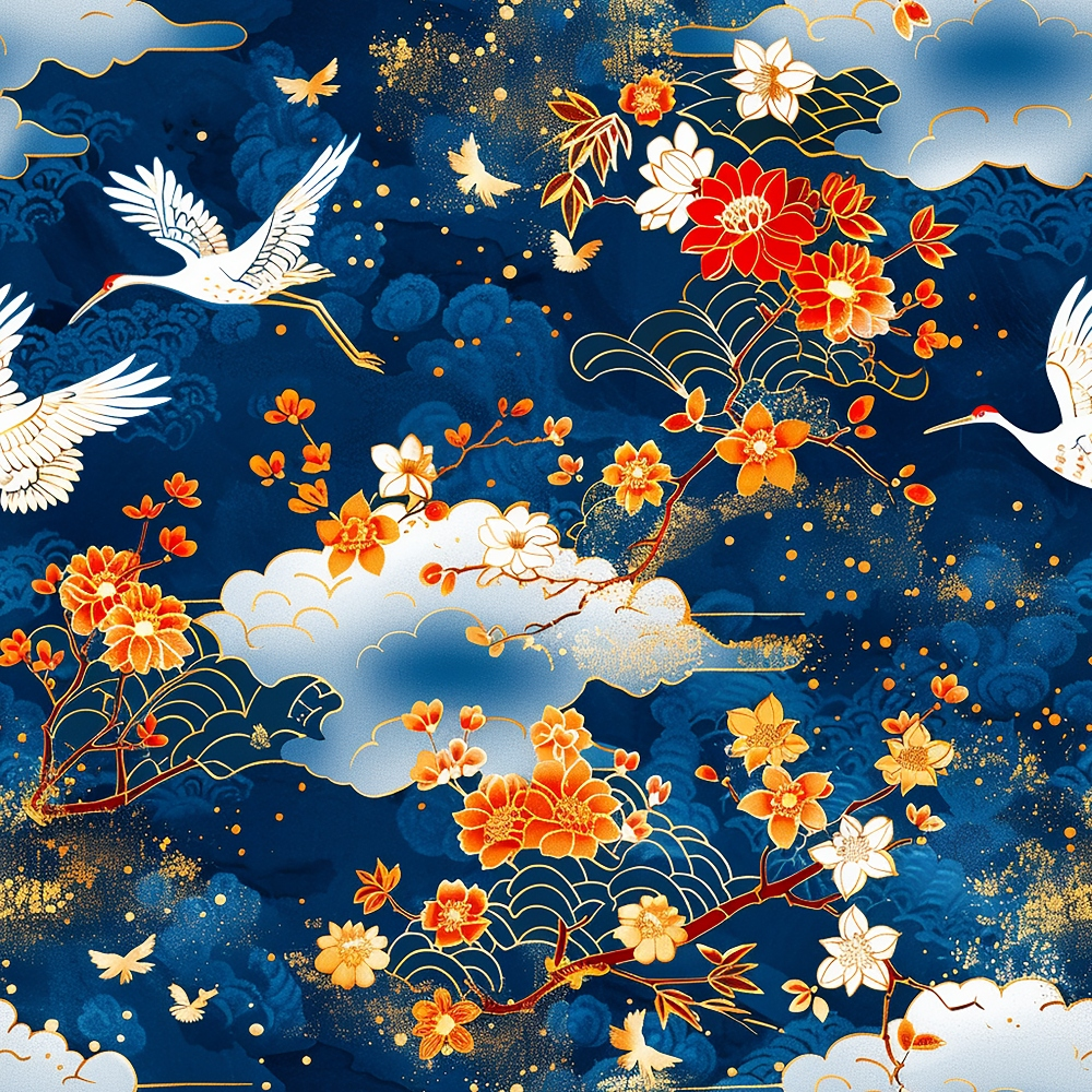 japanese cranes, navy blue, orange flowers, white birds, gold accents, cherry blossoms, clouds, asian inspired, flying cranes, floral motifs,, fabric panel, deep blue background, red flowers, ornate design, botanical elements, nature scene, decorative birds, elegant pattern, oriental style