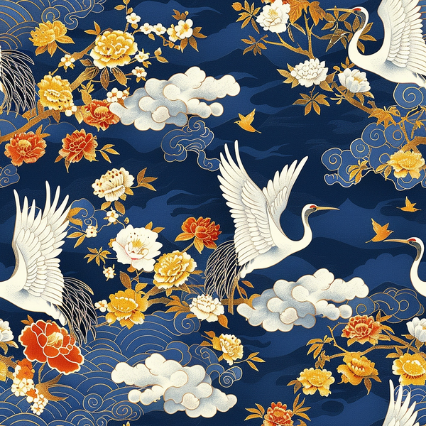 navy blue, deep blue, golden yellow, orange, white, red, japanese cranes, flying birds, cherry blossoms, peonies, floral motifs, clouds, swirling patterns, asian inspired, elegant design,, fabric panel, nature scenes, ornate details, decorative birds