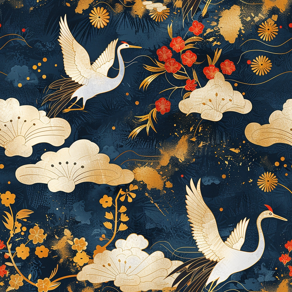 japanese cranes, navy blue, gold accents, red flowers, cream clouds, flying birds, floral motifs, asian inspired, elegant pattern,, fabric panel, botanical elements, decorative birds, ornate design, luxury aesthetic, flowing ribbons, artistic style, nature theme, sophisticated palette