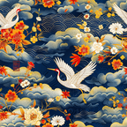 japanese cranes, navy blue, gold accents, orange flowers, white birds, cloud motifs, wave patterns, floral design, asian inspired,, fabric panel, cherry blossoms, geometric waves, red crowned cranes, flying birds, ornate clouds, botanical elements, serene mood, elegant pattern, nature scene