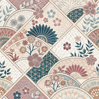 japanese kimono,, fabric panel, floral motifs, geometric patterns, teal blue, dusty rose, cream beige, burgundy, sage green, cherry blossoms, chrysanthemums, decorative fans, diamond shapes, botanical elements, asian inspired, vintage style, patchwork design, ornate details, soft pastels