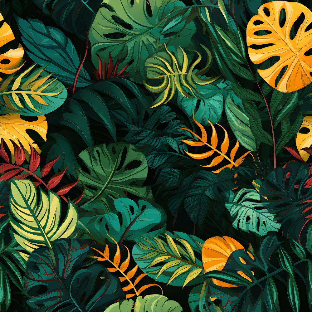 Jungle Leaves Pattern 3 fleece fabric with emerald and forest-green monstera leaves, palm fronds and fern shapes with golden yellow and orange accents