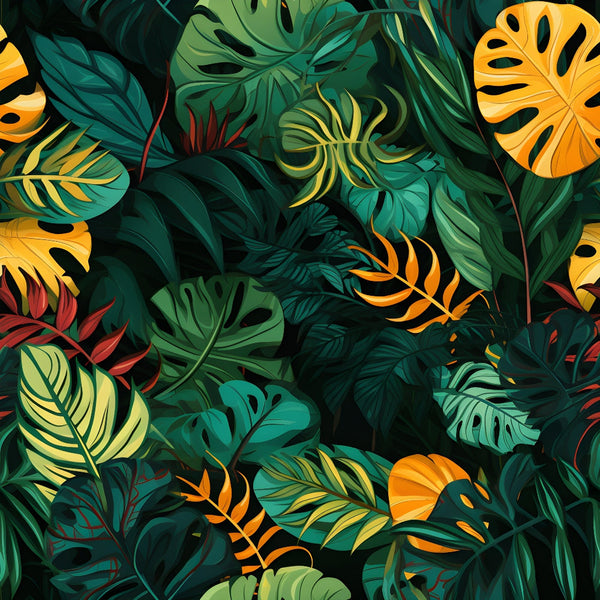 Jungle Leaves Pattern 3 fleece fabric with emerald and forest-green monstera leaves, palm fronds and fern shapes with golden yellow and orange accents