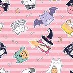 kawaii cats, halloween theme, pink stripes, cute characters, witch hats, pumpkins, bat wings, mummy bandages, skeleton cats, pastel pink, white stripes, magical elements, stars, crescent moon, bones,, fabric panel, kawaii style, spooky cute, halloween cats