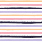 peach, pink, lavender, navy blue, horizontal stripes, brushstroke texture, watercolor style, pastel colors,, fabric panel, soft stripes, painted stripes, cotton fabric, crafting material, sewing fabric, striped pattern, muted tones, artistic stripes