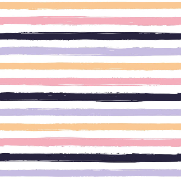 peach, pink, lavender, navy blue, horizontal stripes, brushstroke texture, watercolor style, pastel colors,, fabric panel, soft stripes, painted stripes, cotton fabric, crafting material, sewing fabric, striped pattern, muted tones, artistic stripes
