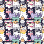 kawaii cats, halloween theme, cute animals, pastel colors, white cats, orange pumpkins, witch hats, mummy cats, pirate cats, skeleton cats, frankenstein cats, vampire cats, repeating pattern,, fabric panel, cartoon style, playful design, spooky cute, autumn colors, black accents, purple tones, pink details