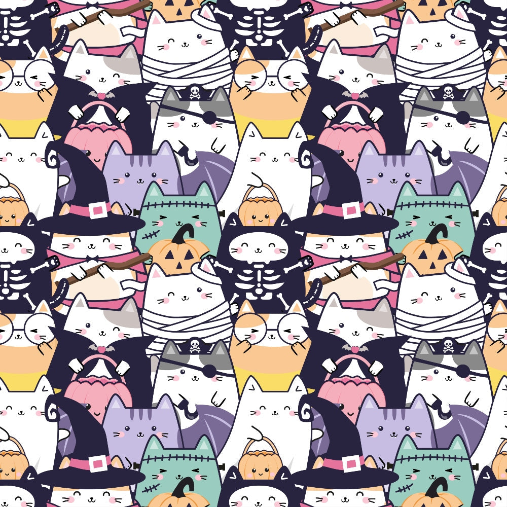 kawaii cats, halloween theme, cute animals, pastel colors, white cats, orange pumpkins, witch hats, mummy cats, pirate cats, skeleton cats, frankenstein cats, vampire cats, repeating pattern,, fabric panel, cartoon style, playful design, spooky cute, autumn colors, black accents, purple tones, pink details