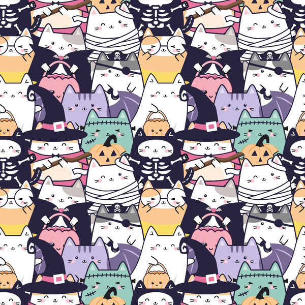 kawaii cats, halloween theme, cute animals, pastel colors, white cats, orange pumpkins, witch hats, mummy cats, pirate cats, skeleton cats, frankenstein cats, vampire cats, repeating pattern,, fabric panel, cartoon style, playful design, spooky cute, autumn colors, black accents, purple tones, pink details