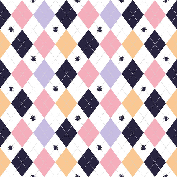 kawaii, halloween, cats,, fabric panel, argyle pattern, diamond shapes, pink, purple, orange, navy blue, white, cute animals, spiders, geometric design, pastel colors, seasonal fabric, autumn theme, playful mood, crafting material
