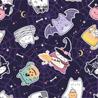 purple, dark navy, kawaii style, halloween cats, cute characters, witch hat, pumpkin, bat wings, mummy, skeleton, spider web, crescent moon, stars, bones,, fabric panel, cartoon style, spooky cute, halloween theme, sticker style