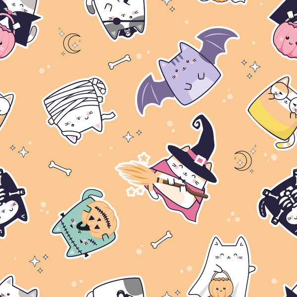 orange background, kawaii cats, halloween theme, cute characters, witch hats, bat wings, mummy wrapping, pumpkins, magical elements, stars, crescent moon, bones, pastel colors, purple, pink, yellow,, fabric panel, whimsical style, seasonal design, cartoon cats