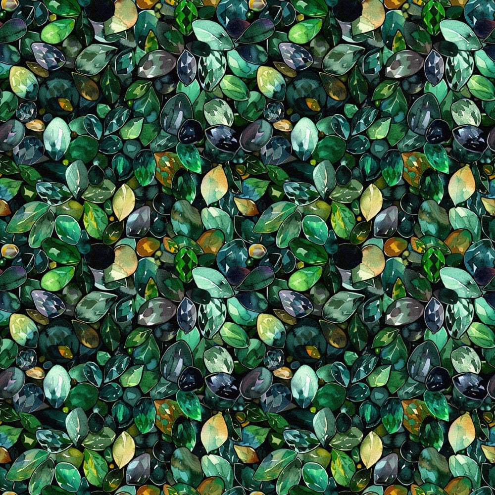 green leaves, emerald tones, forest green, sage green, lime green, yellow accents, botanical pattern, leaf motifs, nature design, seamless repeat,, fabric panel, overlapping leaves, watercolor style, organic shapes, verdant foliage, natural elements, craft fabric, sewing material, botanical print