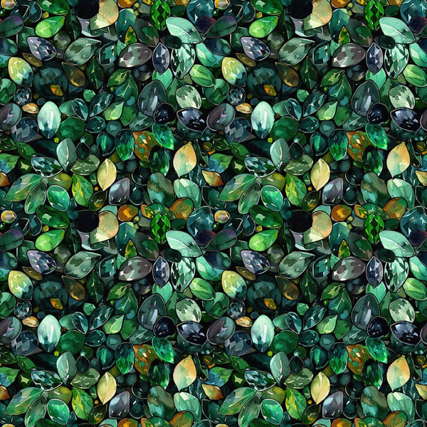 green leaves, emerald tones, forest green, sage green, lime green, yellow accents, botanical pattern, leaf motifs, nature design, seamless repeat,, fabric panel, overlapping leaves, watercolor style, organic shapes, verdant foliage, natural elements, craft fabric, sewing material, botanical print