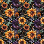 sunflowers, orange petals, purple flowers, dark centers, green leaves, black background, celestial dots, golden specks, autumn colors, floral pattern,, fabric panel, botanical design, warm tones, repeating motif, fall theme, starry night, harvest flowers, leo zodiac, cosmic elements