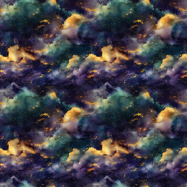 cosmic nebula, galaxy pattern, deep purple, teal green, golden yellow, starfield, space clouds, celestial design, astronomy theme,, fabric panel, leo zodiac, constellation motif, universe pattern, cosmic dust, interstellar clouds, night sky, ethereal mood, mystical atmosphere, repeating pattern
