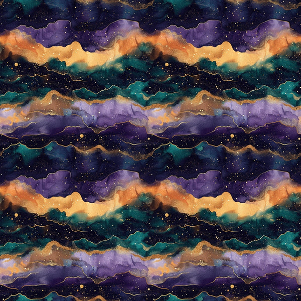 cosmic waves, galaxy pattern, deep purple, teal green, golden orange, starry night, celestial design, flowing layers, mystical atmosphere,, fabric panel, astrology theme, nebula colors, wavy stripes, cosmic landscape, dreamy pattern, jewel tones, ethereal design, repeating motif, space inspired