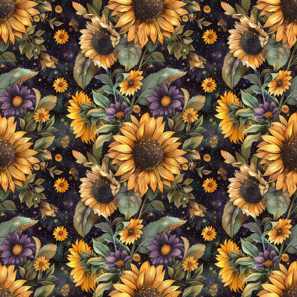 sunflowers, purple flowers, golden yellow, deep purple, sage green, dark navy background, floral pattern, botanical design, repeating motif, starry night, celestial elements, autumn colors,, fabric panel, leo zodiac, astrological theme, vintage style, whimsical art, nature inspired, fall seasonal
