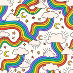 rainbow stripes, white clouds, colorful stars, crescent moons, wavy rainbows, purple stripes, orange stripes, yellow stripes, green stripes, blue stripes, red stripes, whimsical pattern, celestial elements, flowing ribbons, cheerful design, cotton fabric, quilting panel, bright colors, repeating motif, sky theme