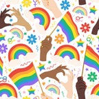 Rainbow Daydream Pattern 2 rainbow fleece fabric with colorful arches, pride flags, hands, flowers and stars on white