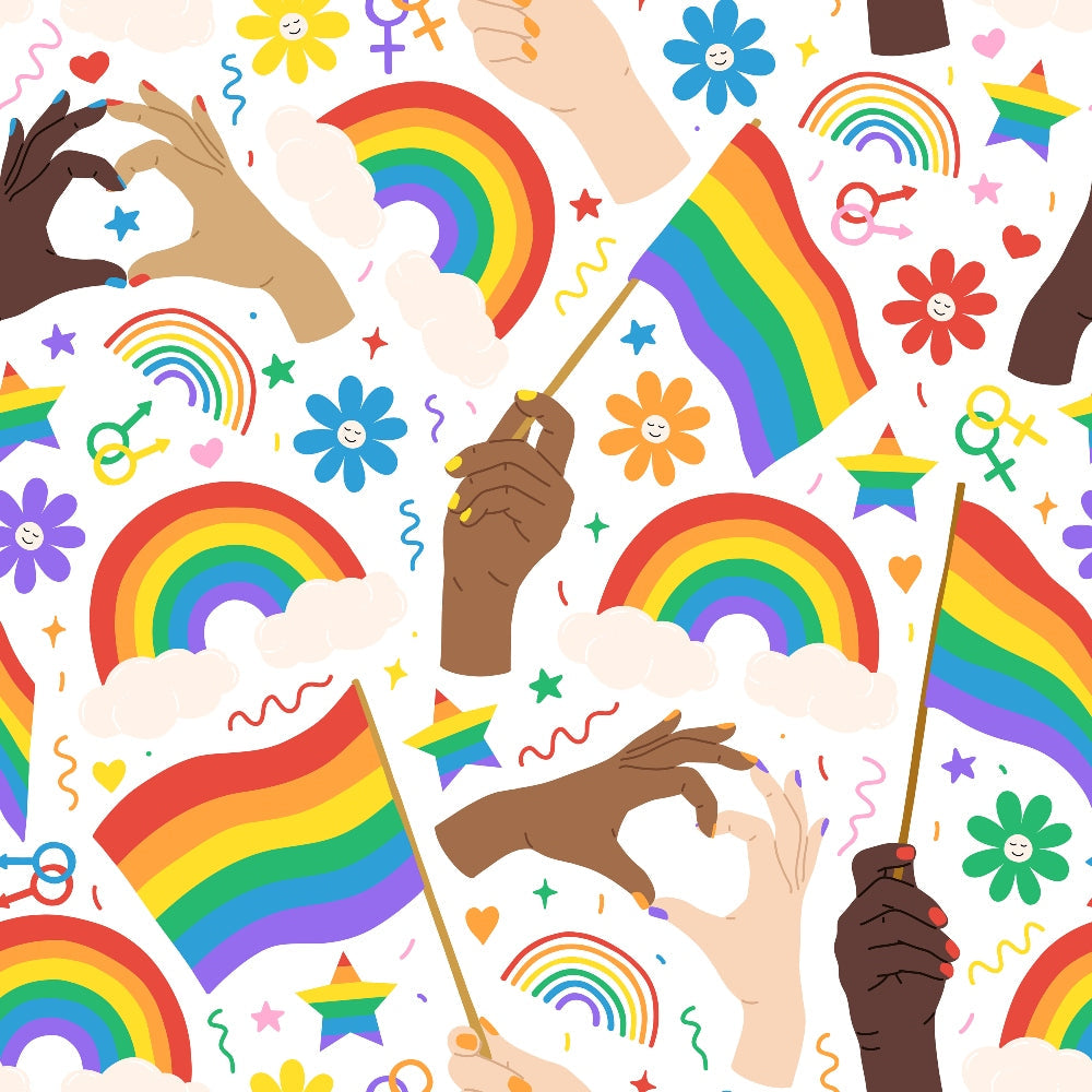 Rainbow Daydream Pattern 2 rainbow fleece fabric with colorful arches, pride flags, hands, flowers and stars on white