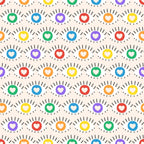 rainbow hearts, colorful circles, radiating lines, sun burst design, red hearts, blue hearts, green hearts, yellow hearts, orange hearts, purple hearts, white hearts, repeating pattern, geometric design, pride theme, love theme,, fabric panel, cheerful mood, bright colors, circular motifs