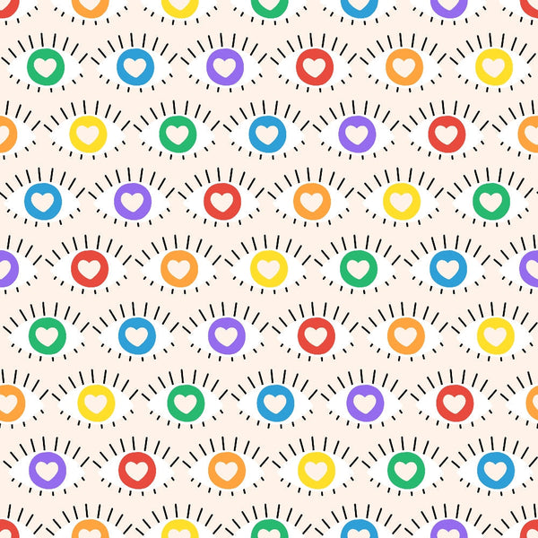 rainbow hearts, colorful circles, radiating lines, sun burst design, red hearts, blue hearts, green hearts, yellow hearts, orange hearts, purple hearts, white hearts, repeating pattern, geometric design, pride theme, love theme,, fabric panel, cheerful mood, bright colors, circular motifs