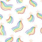 rainbow stripes, curved lines, flowing waves, pale pink stars, white background, red, orange, yellow, green, blue, purple,, fabric panel, lgbtq pride, rainbow colors, geometric patterns, love theme, bright colors, wavy stripes, star motifs