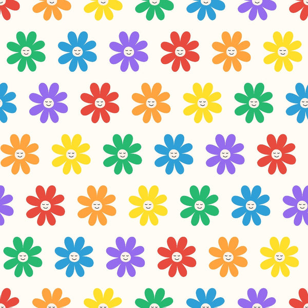colorful flowers, smiling faces, happy flowers, red petals, orange petals, yellow petals, green petals, blue petals, purple petals, rainbow colors, cheerful pattern, repeating design, cartoon style, whimsical flowers, bright colors,, fabric panel, joyful mood, floral motifs, vibrant hues