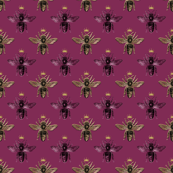 burgundy, maroon, purple, gold, yellow, bees, insects, crowns, royal motif, repeating pattern, nature inspired, regal design,, fabric panel, wings, geometric arrangement, vintage style, elegant pattern, coordinating colors, crafting material