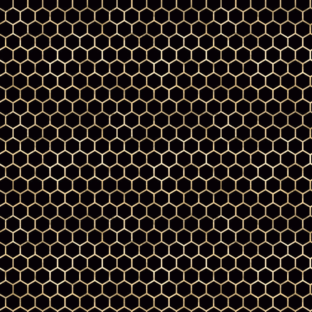 honeycomb pattern, geometric hexagons, golden yellow, black background, bee-inspired, nature motif,, fabric panel, repeating pattern, hexagonal grid, apiary theme, beehive structure, craft fabric, sewing material, contemporary design, insect theme, symmetrical pattern, tessellation, bright contrast, quilting project