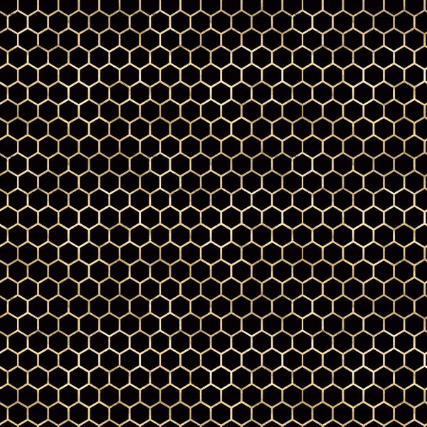 honeycomb pattern, geometric hexagons, golden yellow, black background, bee-inspired, nature motif,, fabric panel, repeating pattern, hexagonal grid, apiary theme, beehive structure, craft fabric, sewing material, contemporary design, insect theme, symmetrical pattern, tessellation, bright contrast, quilting project
