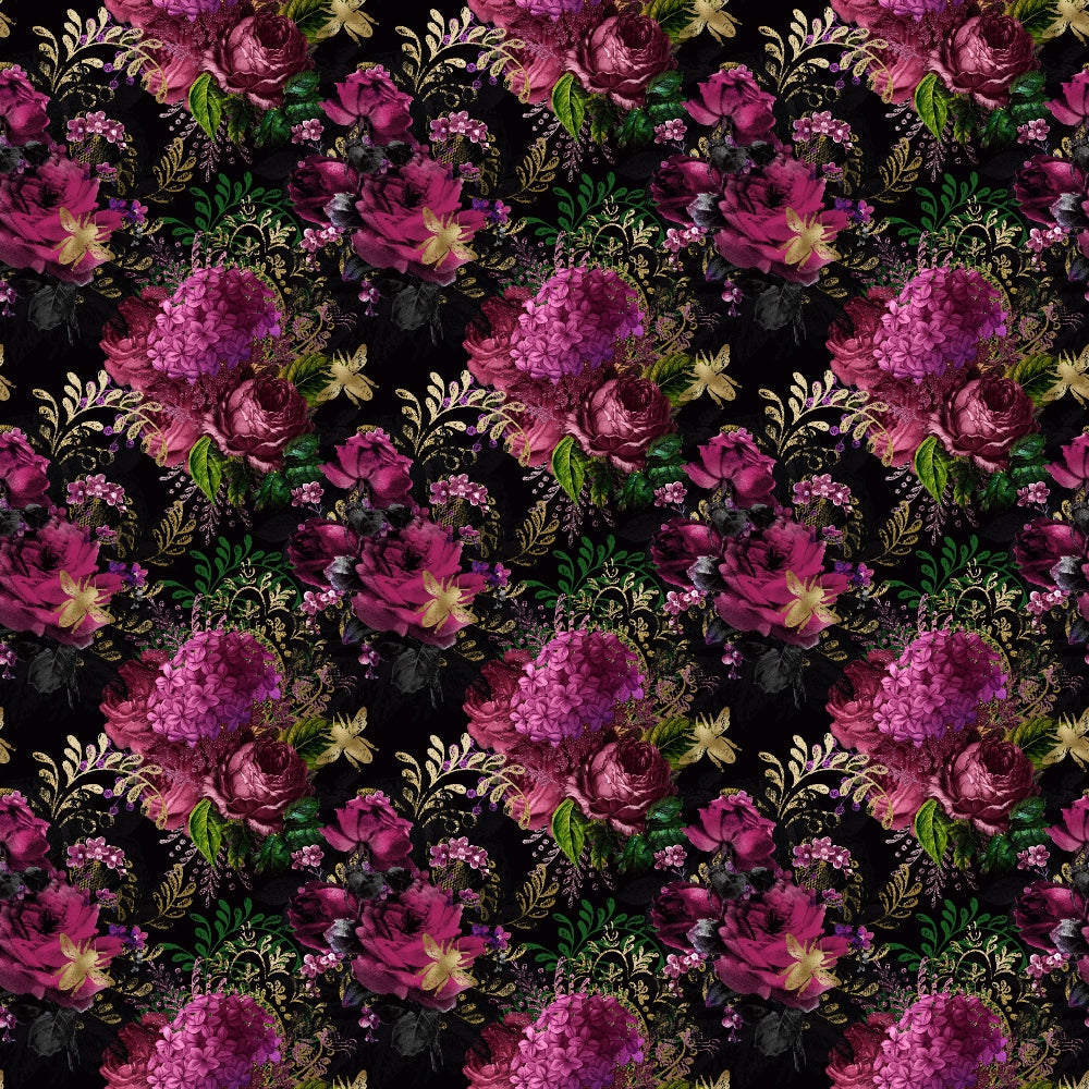 purple flowers, magenta roses, hydrangeas, golden bees, dark background, floral pattern, botanical design,, fabric panel, romantic florals, deep purple, emerald green, gold accents, vintage style, moody floral, bee motifs, garden theme, rich colors, repeating pattern, cotton fabric