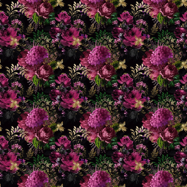 purple flowers, magenta roses, hydrangeas, golden bees, dark background, floral pattern, botanical design,, fabric panel, romantic florals, deep purple, emerald green, gold accents, vintage style, moody floral, bee motifs, garden theme, rich colors, repeating pattern, cotton fabric