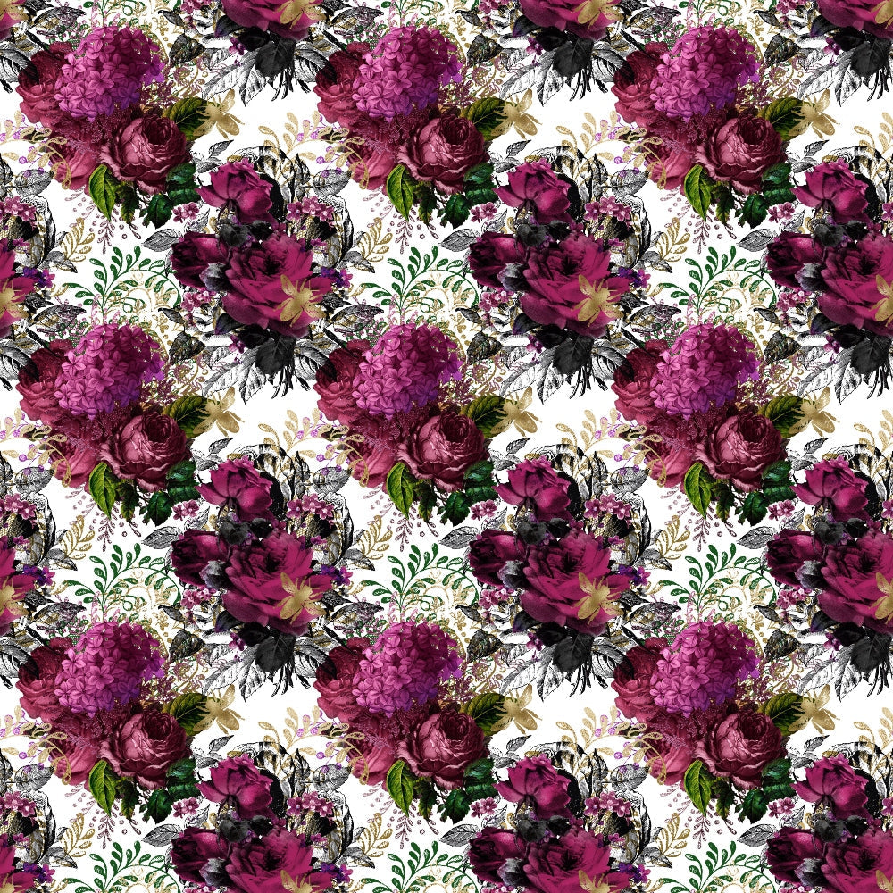 burgundy, magenta, deep purple, pink, green, black, white, floral pattern, roses, hydrangeas, peonies, botanical design, vintage flowers, ornate blooms,, fabric panel, romantic style, moody florals, rich colors, repeating pattern