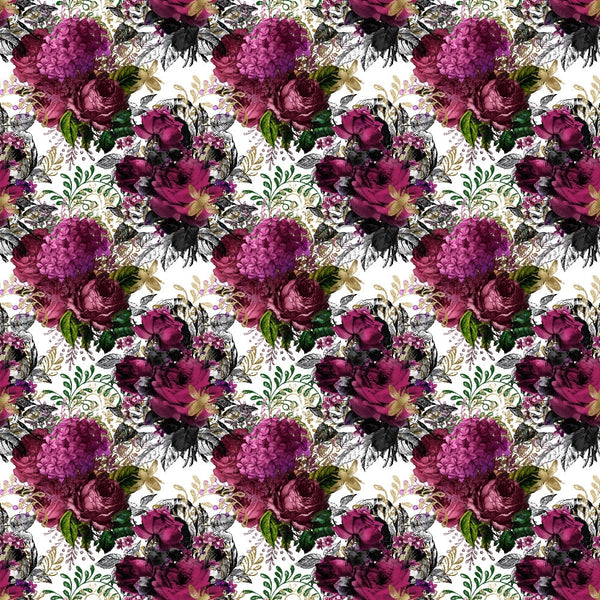burgundy, magenta, deep purple, pink, green, black, white, floral pattern, roses, hydrangeas, peonies, botanical design, vintage flowers, ornate blooms,, fabric panel, romantic style, moody florals, rich colors, repeating pattern
