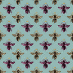 mint green, sage green, purple bees, brown bees, golden crowns, bee pattern, repeating design, insect motif, nature theme,, fabric panel, whimsical style, vintage illustration, royal bees, crowned insects, geometric arrangement, soft pastels, botanical design, craft fabric, sewing material