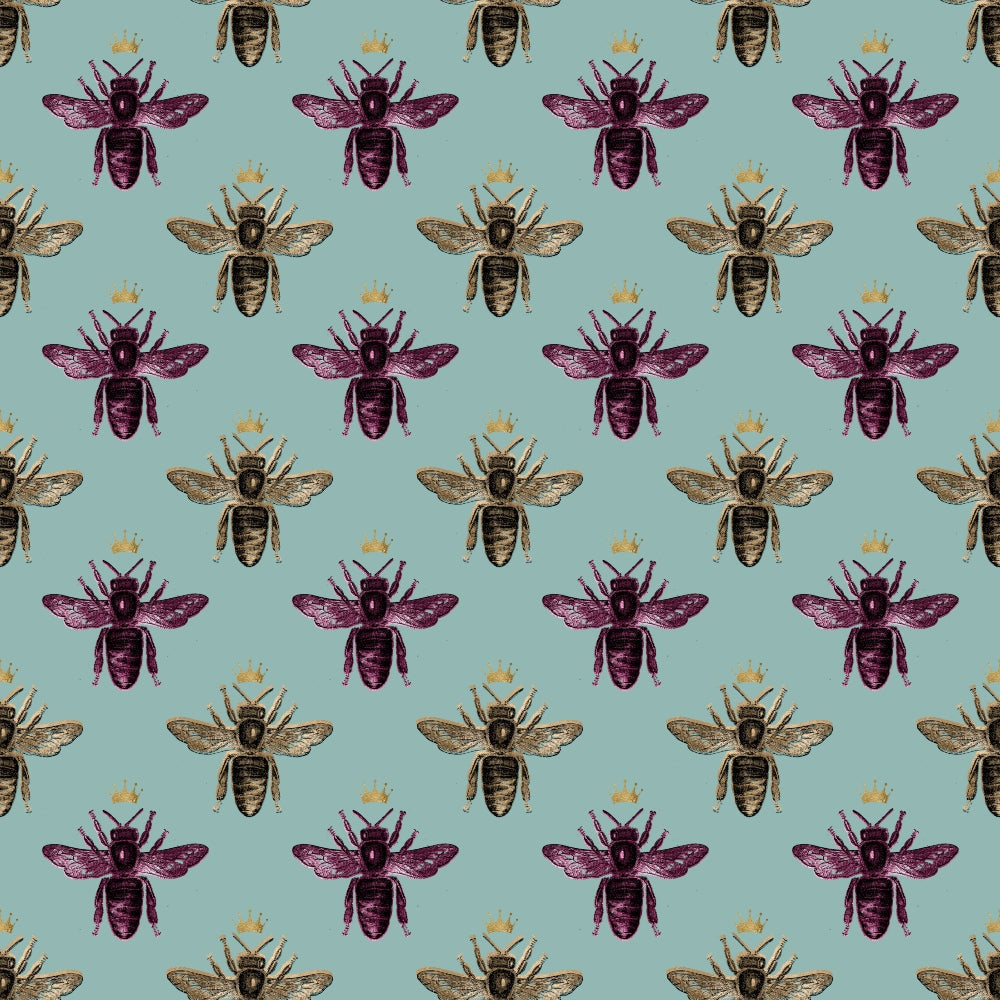 mint green, sage green, purple bees, brown bees, golden crowns, bee pattern, repeating design, insect motif, nature theme,, fabric panel, whimsical style, vintage illustration, royal bees, crowned insects, geometric arrangement, soft pastels, botanical design, craft fabric, sewing material
