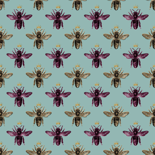 mint green, sage green, purple bees, brown bees, golden crowns, bee pattern, repeating design, insect motif, nature theme,, fabric panel, whimsical style, vintage illustration, royal bees, crowned insects, geometric arrangement, soft pastels, botanical design, craft fabric, sewing material