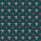 pink bees, emerald green, teal background, glitter texture, sparkly finish, bee pattern, insect motif, repeating design,, fabric panel, whimsical style, nature theme, honeybee silhouettes, geometric arrangement, craft fabric, sewing material, botanical insects, pink glitter, forest green, decorative bees