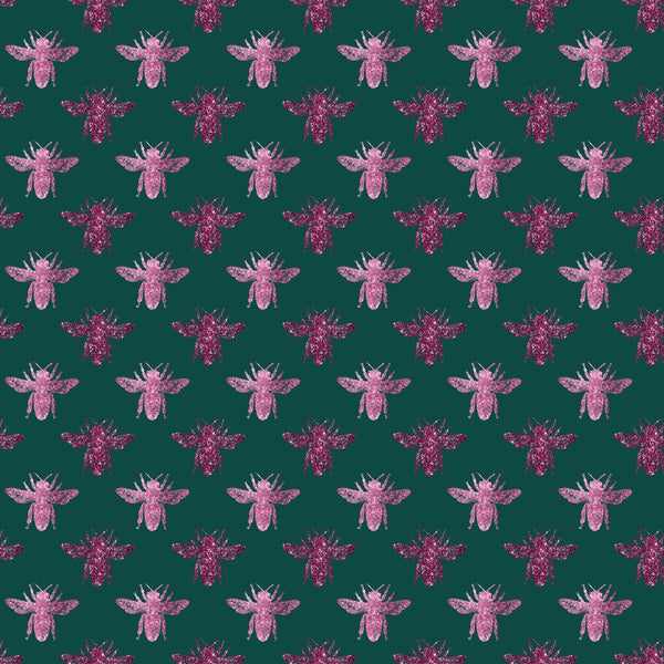 pink bees, emerald green, teal background, glitter texture, sparkly finish, bee pattern, insect motif, repeating design,, fabric panel, whimsical style, nature theme, honeybee silhouettes, geometric arrangement, craft fabric, sewing material, botanical insects, pink glitter, forest green, decorative bees