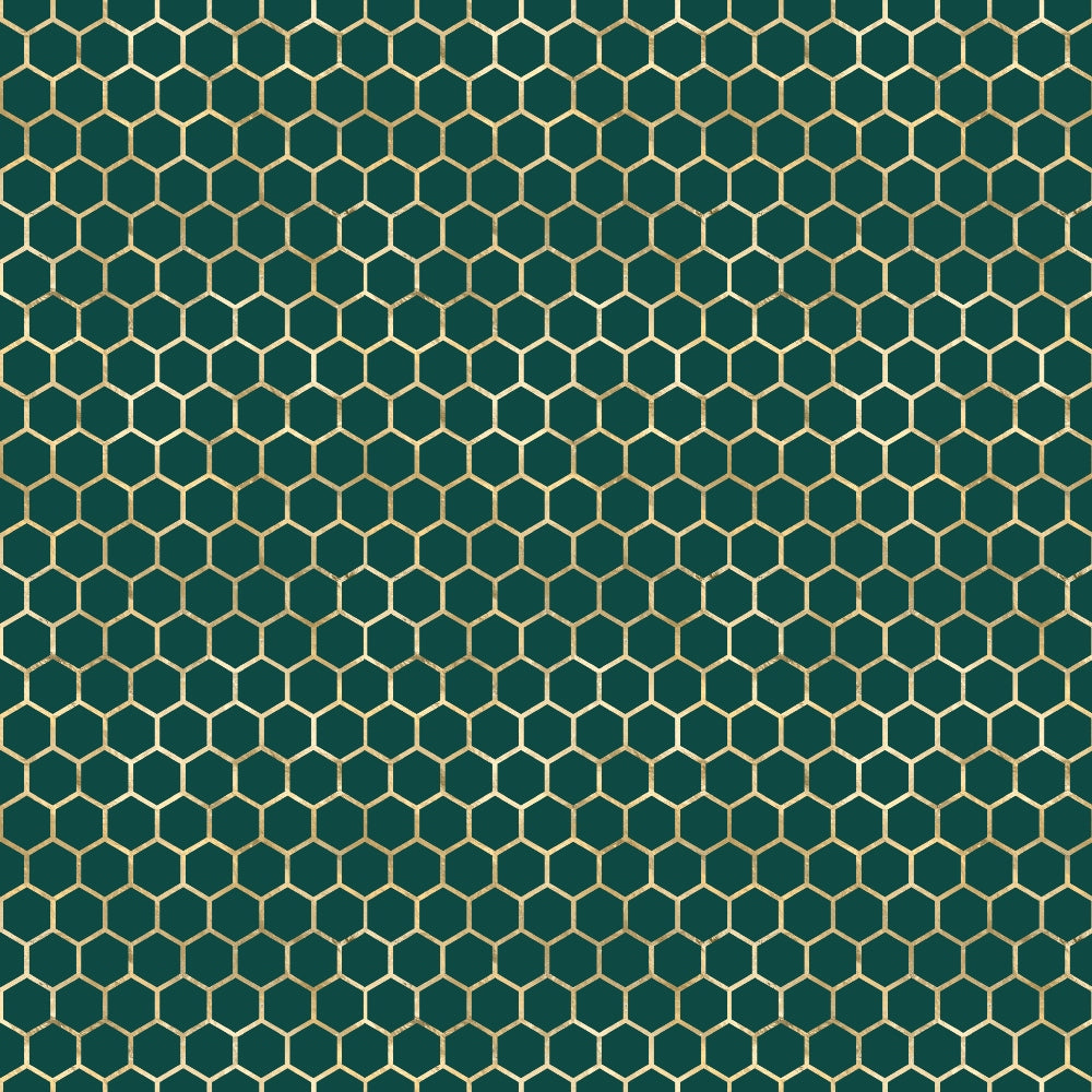 dark green, gold, honeycomb pattern, hexagonal design, geometric pattern, bee-inspired,, fabric panel, nature motif, repeating pattern, emerald green, golden yellow, beehive structure, modern geometric, craft fabric, sewing material, tessellation, uniform pattern, structured design
