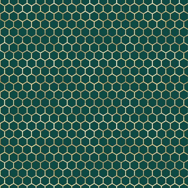 dark green, gold, honeycomb pattern, hexagonal design, geometric pattern, bee-inspired,, fabric panel, nature motif, repeating pattern, emerald green, golden yellow, beehive structure, modern geometric, craft fabric, sewing material, tessellation, uniform pattern, structured design