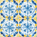 mediterranean tiles, azure blue, lemon yellow, watercolor style, ornate scrollwork, floral motifs, geometric pattern, repeating design, decorative flourishes, portuguese tiles, coastal theme, vintage inspired, botanical elements,, fabric panel, hand-painted look, flowing vines, symmetrical design, ceramic tile pattern, sunny palette
