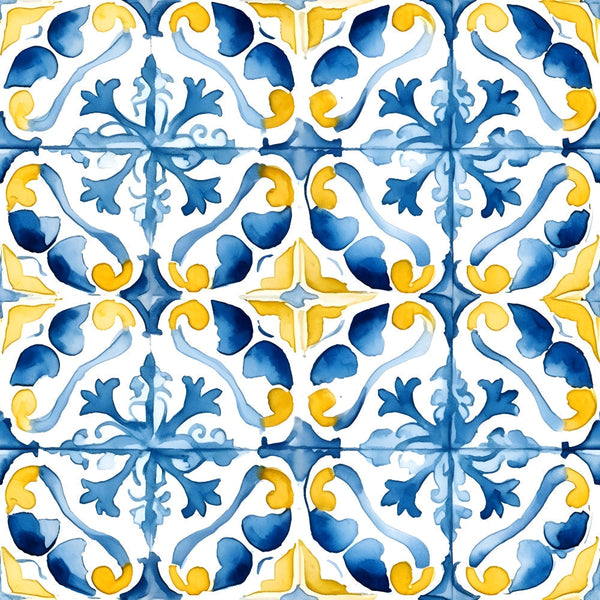 mediterranean tiles, azure blue, lemon yellow, watercolor style, ornate scrollwork, floral motifs, geometric pattern, repeating design, decorative flourishes, portuguese tiles, coastal theme, vintage inspired, botanical elements,, fabric panel, hand-painted look, flowing vines, symmetrical design, ceramic tile pattern, sunny palette