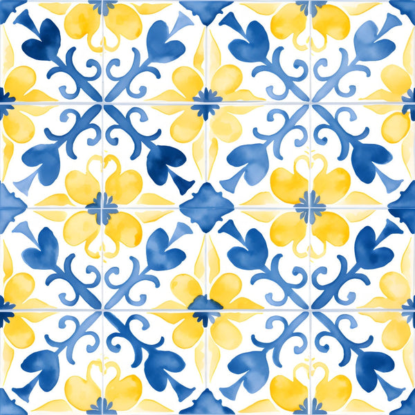 mediterranean tile, azure blue, lemon yellow, geometric pattern, floral motifs, ornamental design, portuguese tiles, decorative scrollwork, symmetrical pattern, watercolor style, bright colors,, fabric panel, european inspired, ceramic tile pattern, folk art, repeating motif, botanical elements, sunny disposition, coastal theme