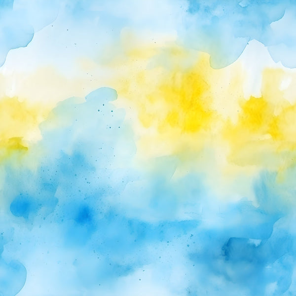 azure blue, lemon yellow, watercolor style, abstract clouds, soft pastels, mediterranean colors,, fabric panel, dreamy atmosphere, flowing patterns, artistic wash, ocean blues, sunny yellows, ethereal design, coastal vibes, serene mood, blended colors, organic shapes, painterly effect