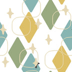 mid-century modern, geometric shapes, teal, sage green, mustard yellow, cream, beige, diamond patterns, triangular forms, circular motifs, star bursts, abstract design, retro style, vintage inspired, overlapping shapes, rounded rectangles,, fabric panel, contemporary patterns, minimalist aesthetic